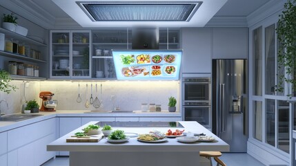 A kitchen with a ceiling-mounted, retractable smart device hub for voice commands and recipe projections