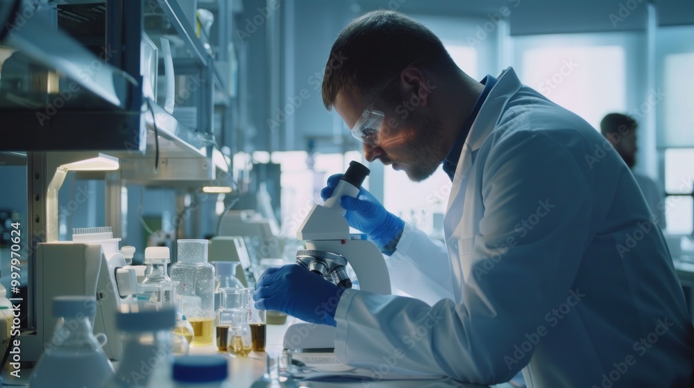 Poster a man in a lab coat is looking through a microscope