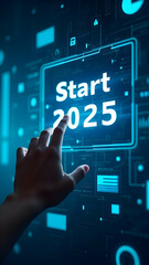 Title: Hand interacting with futuristic digital screen displaying "Start 2025," representing technological advancement and future planning