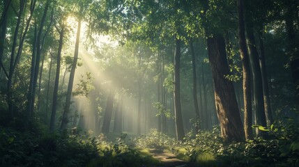 Fototapeta premium A dense forest with sunlight filtering through the trees.