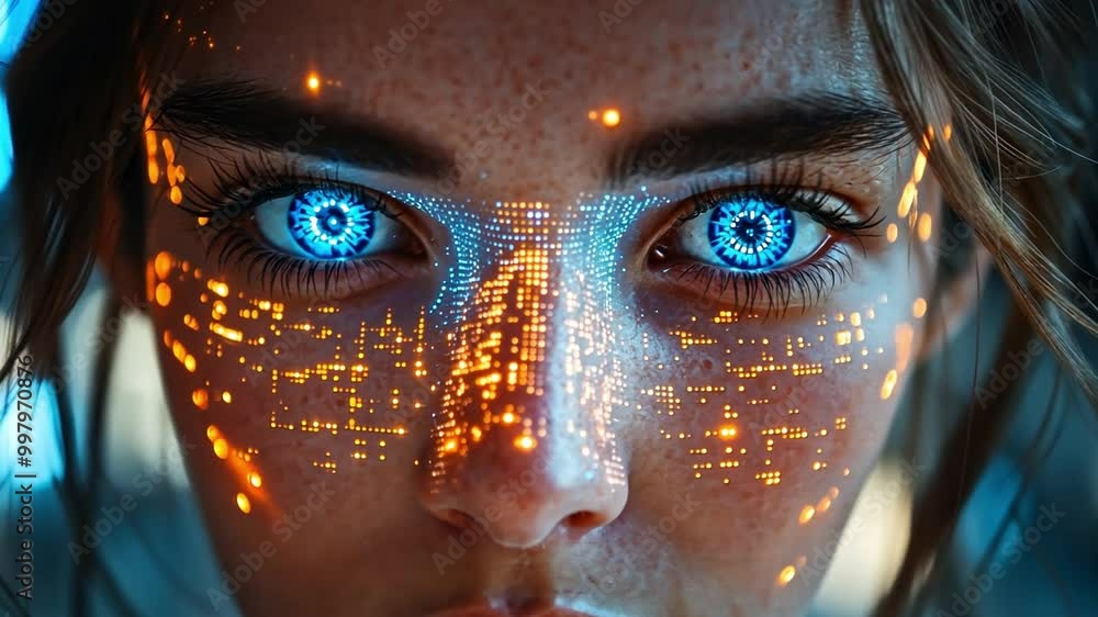 Poster the young woman gazes directly at the viewer, her illuminated blue eyes and glowing patterns on her 