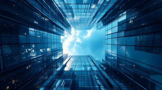 Abstract blue images of futuristic buildings with sleek modern architecture