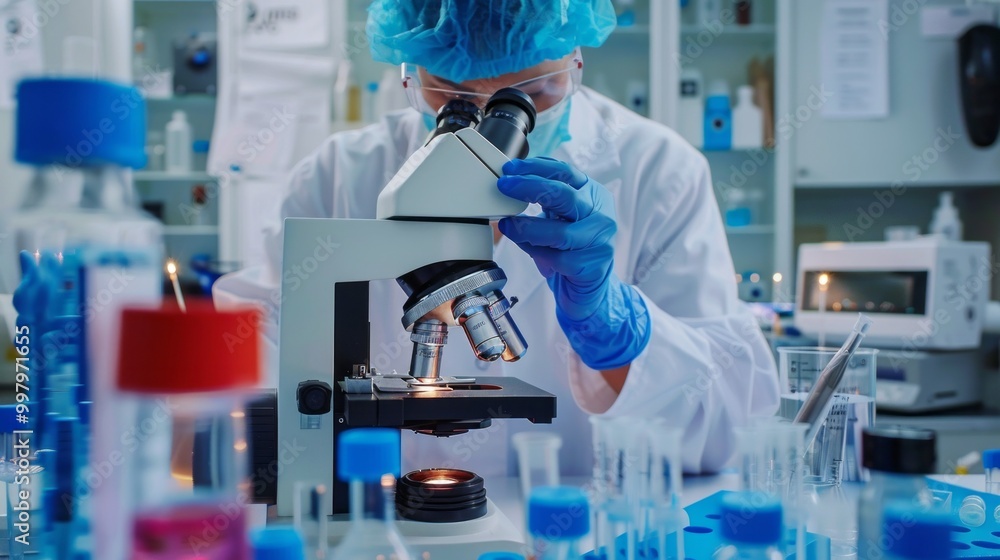 Poster a scientist is looking through a microscope at a sample