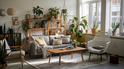 A cozy, well-designed home with plants and sunlight pouring in, representing comfort, security, and the ideal housing environment.  (indicates World and Arab Housing Day ).