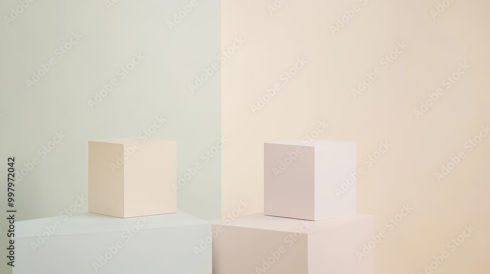 Poster minimalist floating cubes on podiums in soft colors