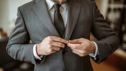 Businessman adjusting suit jacket in office environment, professional attire.