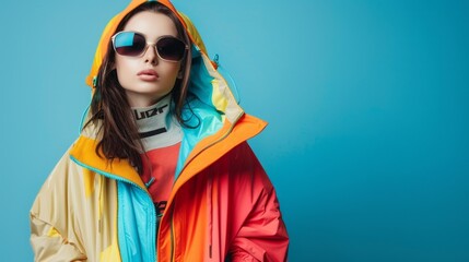 A woman in a colorful jacket and sunglasses stands in front of a blue background