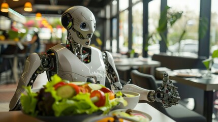 Fototapeta premium A robot is sitting at a table with a salad in front of it
