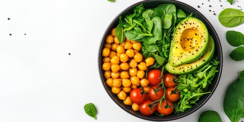 Top view of a colorful salad bowl featuring avocado, chickpeas, spinach, and cherry tomatoes on a white background