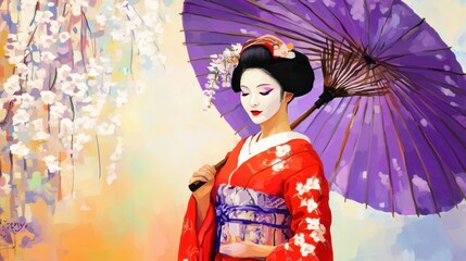 Fototapeta premium Geisha in Red Kimono with Purple Umbrella