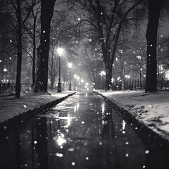 A snowy path illuminated by streetlights in a park at night.