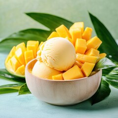 A vibrant bowl of mango ice cream surrounded by fresh mango chunks and green leaves, evoking a tropical, refreshing treat.