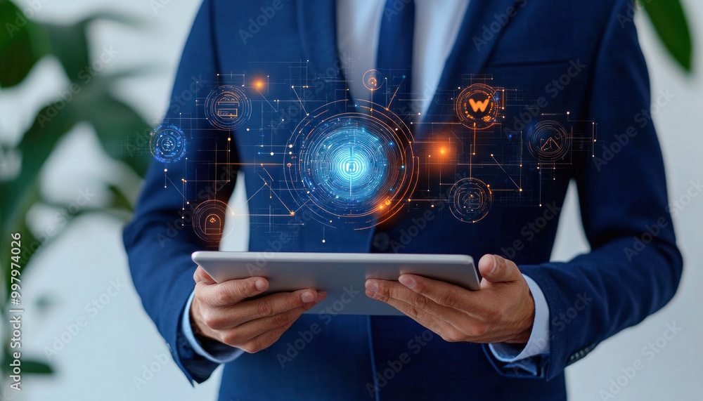 Poster businessman holding tablet using digital secure network technology hologram interface
