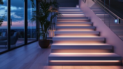 A modern staircase with motion-activated lighting strips under each step and a smart handrail that monitors ambient temperature
