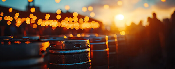 Beer kegs lined up at a festival, ready for a huge celebration and party atmosphere, beer party  celebration  kegs, festival beer party vibes