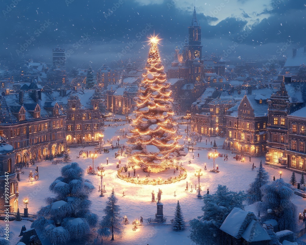 Poster A snowy town square with a large Christmas tree lit up in the center, surrounded by illuminated buildings and people walking around.