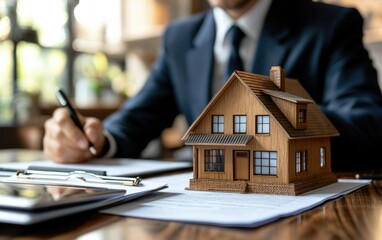 Real estate professional reviewing documents with a model house