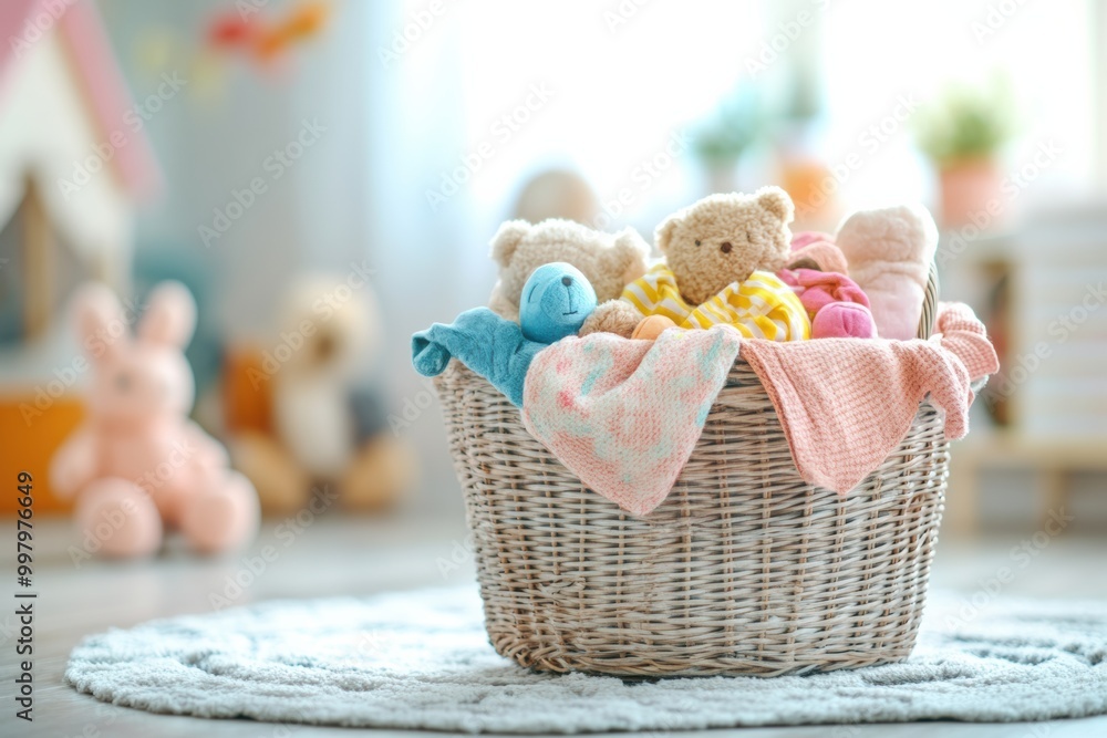 Aufkleber brightly colored children's clothes and soft toys fill a laundry basket in a sunlit room, creating a