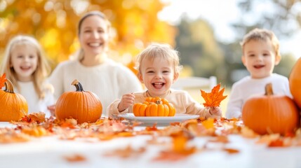 Fototapeta premium family meal outdoors, table setting with pumpkins
