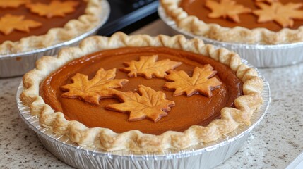 homemade pumpkin pies with fall leaves, festive