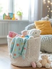 A laundry basket overflowing with vibrant children's clothing and soft toys rests in a sunny and inviting living room. Generative AI