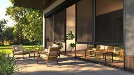 Obraz premium A patio with smart weather-resistant screens that descend to create a bug-free zone and an AI-powered outdoor sound system