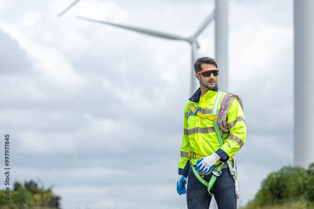 Aufkleber man engineers holding tools box and rope to maintenance working in wind turbine. renewable energy po