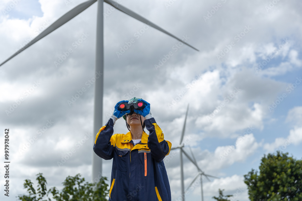 Poster renewable energy systems concept, engineer female working survey wind turbine for alternative energy