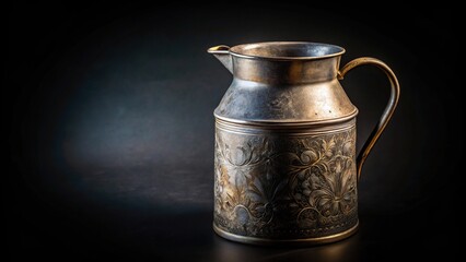 Fisheye antique metal milk jug with engraving on black background