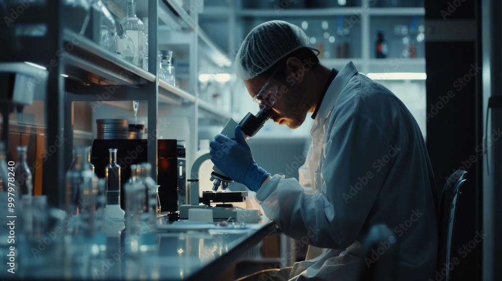 Poster a man in a lab coat is looking through a microscope