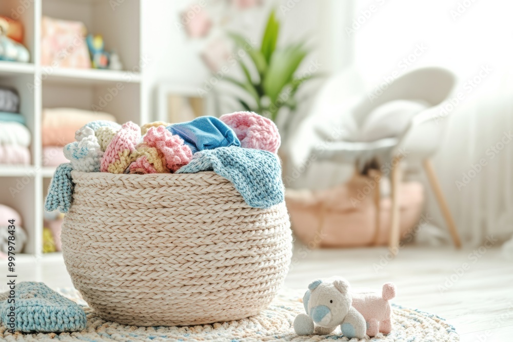 Poster brightly lit room features a laundry basket overflowing with vibrant children's clothing and soft to