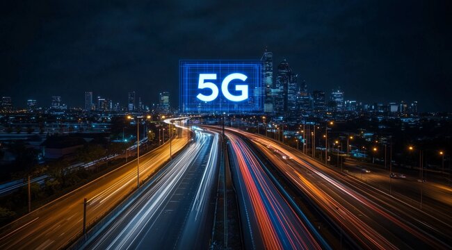 Digital hologram of the text "5G" over a modern futuristic urban skyline at night, with a high-speed highway in the background.