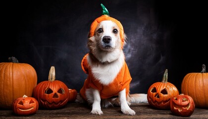 cute dog in a pumpkin costume with carved pumpkins in the background, Halloween dog, festive pet portrait
