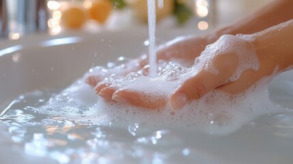 Washing hands in soapy foam under running water in the bathroom sink, hygiene and health.