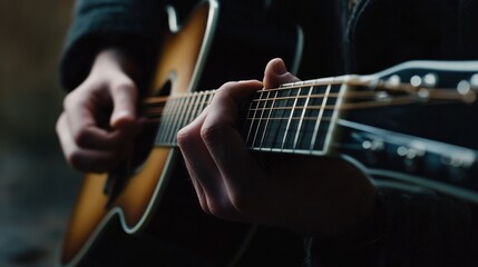 Obraz premium Playing an electro-acoustic guitar with a man hand. up close. A human hand holding a guitar. The school for guitarists. The school for guitarists.