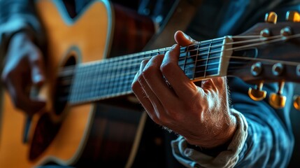 Fototapeta premium Playing an electro-acoustic guitar with a man hand. up close. A human hand holding a guitar. The school for guitarists. The school for guitarists.