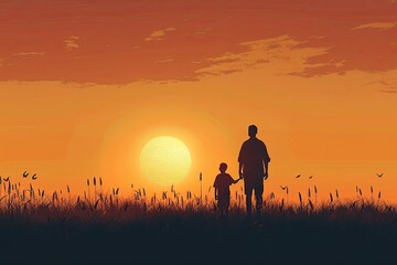 Fototapeta premium A father and son holding hands, walking together through the sunset on top of a grassy hill with wild flowers.