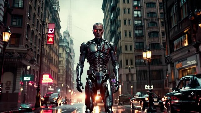 street scene with cyborg