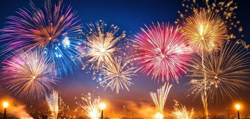 Naklejka premium Colorful fireworks display lighting up the night sky.