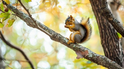 Obraz premium Squirrel Perched on Tree Branch Nibbling Food