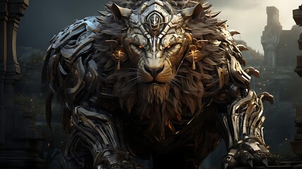 Fototapeta premium A majestic robotic lion with intricate details and glowing eyes in a mystical landscape.