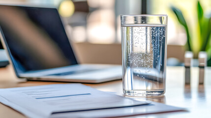 Glass of sparkling water standing on desk with laptop and documents in office