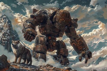 Fototapeta premium A giant robotic figure towers over a wolf in a dramatic mountainous landscape.