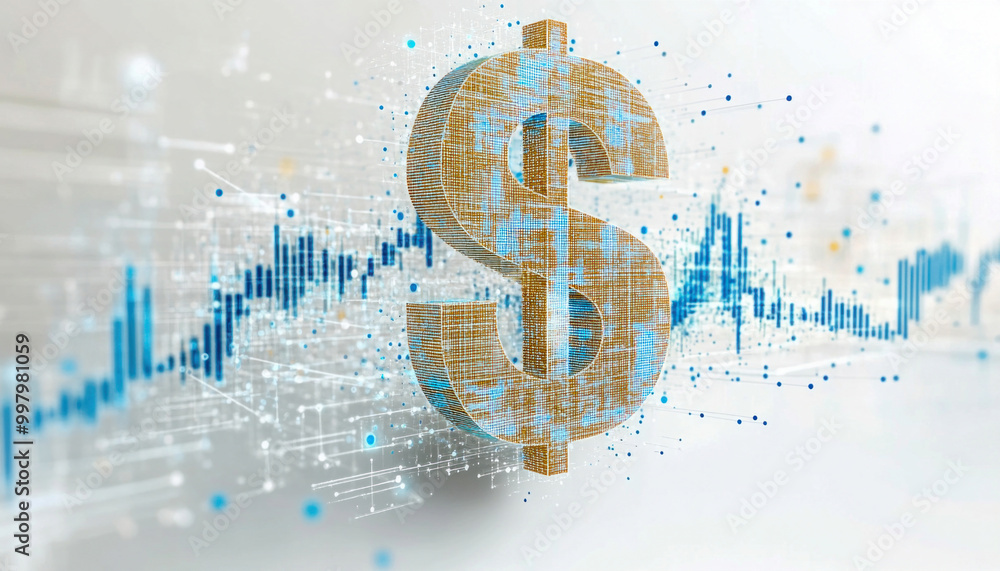 Aufkleber dollar sign floating over digital network of financial data visualizations