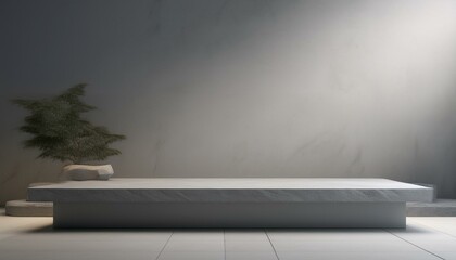 Studio with podium for product presentation. Empty floor and white wall with stand. 3D room with gradient background. Countertop with concrete or marble texture
