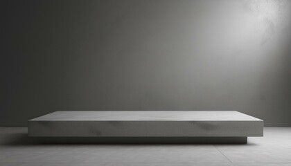 Studio with podium for product presentation. Empty floor and white wall with stand. 3D room with gradient background. Countertop with concrete or marble texture

