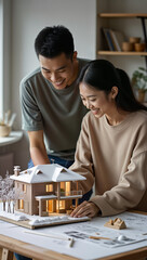 Fototapeta premium Asian couple joyfully assembles a model of their dream home, symbolizing their journey towards homeownership. Perfect for mortgage marketing, real estate promotions, and design inspiration