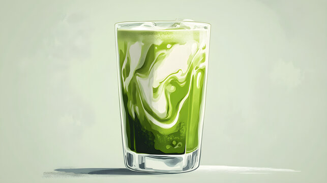 A frosty glass of iced matcha latte with swirls of milk blending into the vibrant green tea