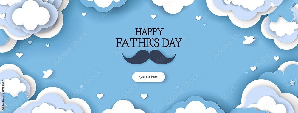 Fototapete paper cut clouds with mustache border frame background vector illustration for a happy father's day 