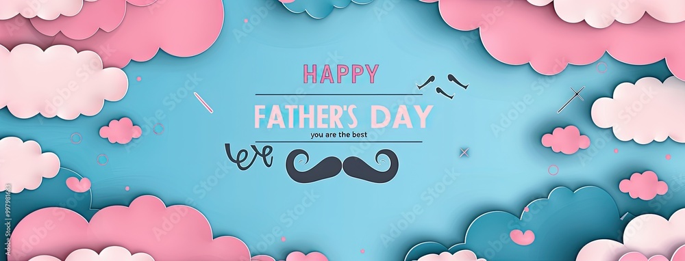 Fototapete paper cut clouds with mustache border frame background vector illustration for a happy father's day 